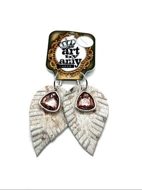 Art by Amy Labbe White Leather Leaf Earrings with Blush Gemstones